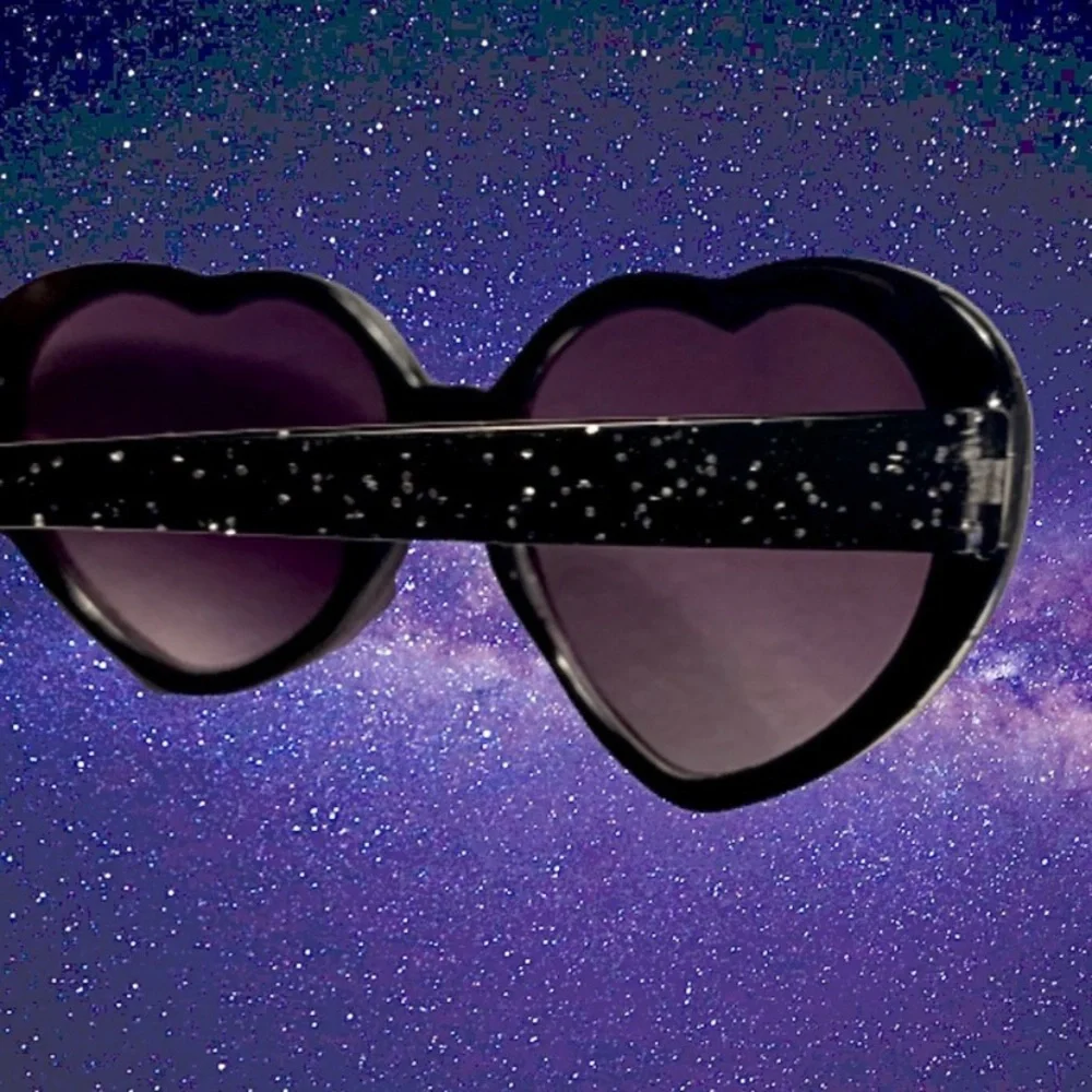 Girls Heart Shaped Sunglasses Black Glitter Frames & Purple Lenses